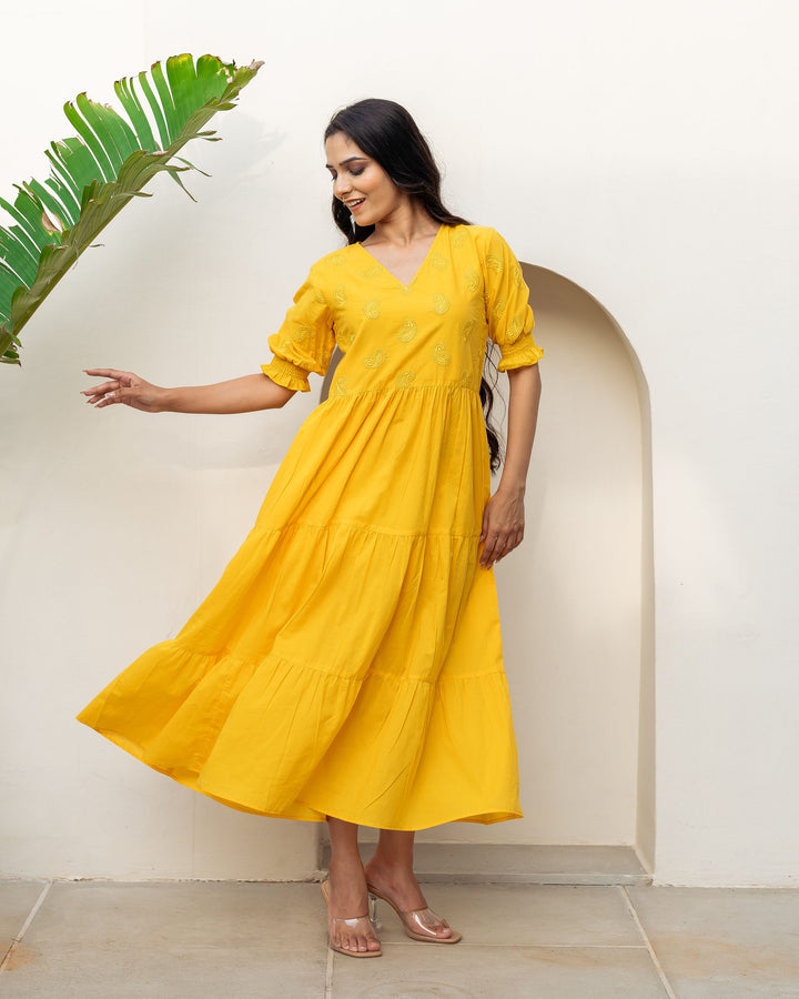 Sun Paisley Tiered Cotton Midi Dress with Pockets