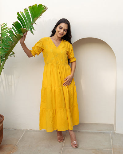 Sun Paisley Tiered Cotton Midi Dress with Pockets