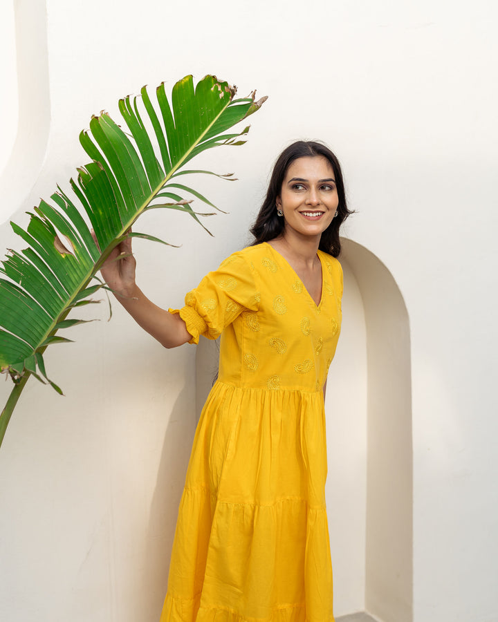 Sun Paisley Tiered Cotton Midi Dress with Pockets