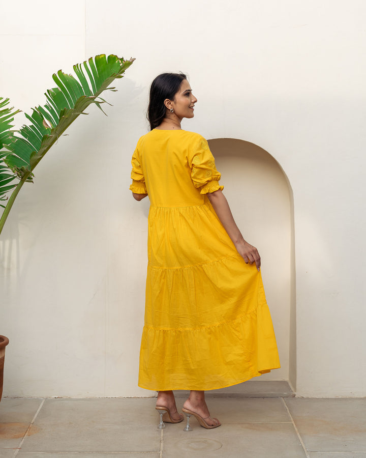 Sun Paisley Tiered Cotton Midi Dress with Pockets