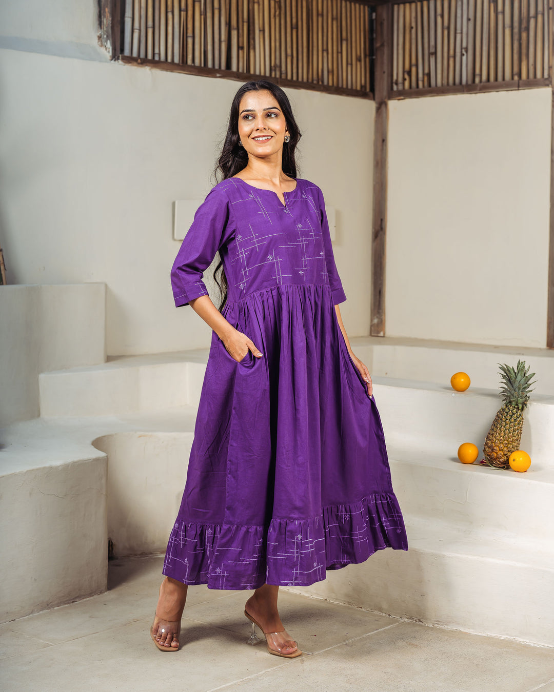 purple cotton midi dress Rihoas V Neck Puff Sleeve Solid Cotton Button Front Ruched Flare Midi Dress, Purple / XL