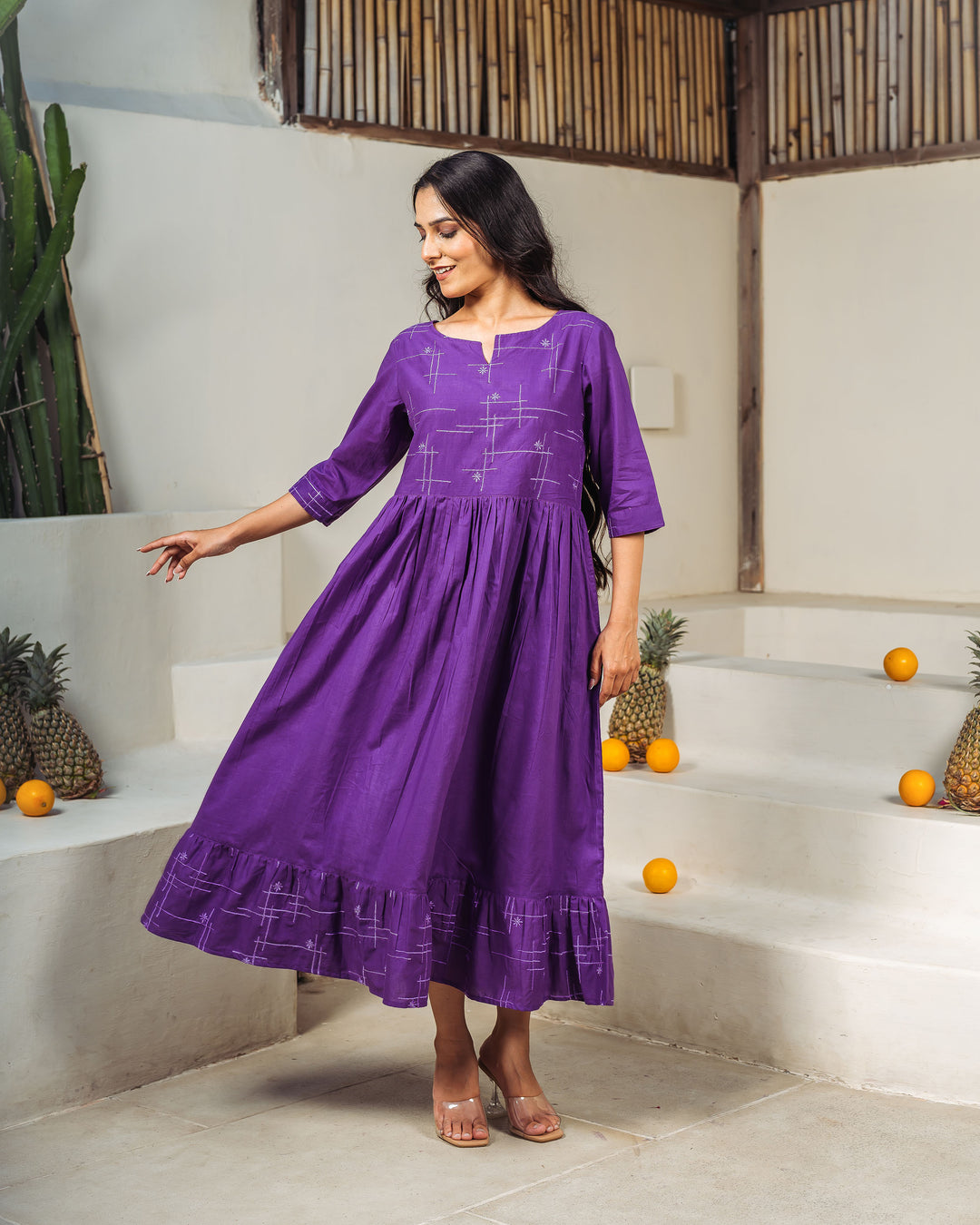 Purple Drift Tiered Cotton Midi Dress with Pockets