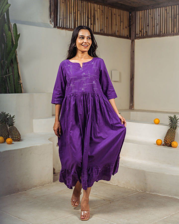 Purple Drift Tiered Cotton Midi Dress with Pockets