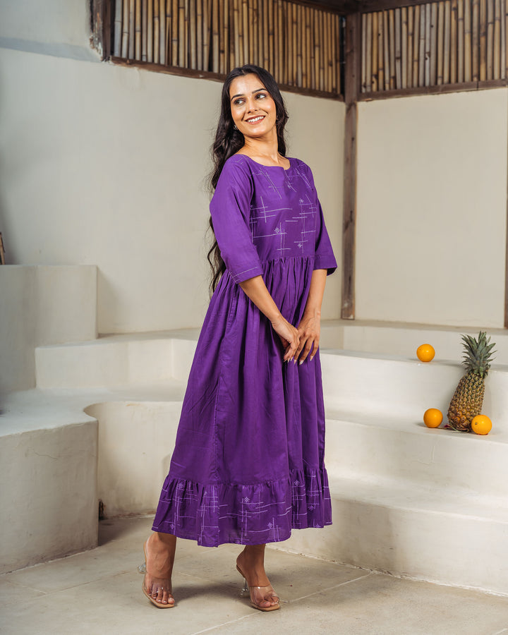Purple Drift Tiered Cotton Midi Dress with Pockets