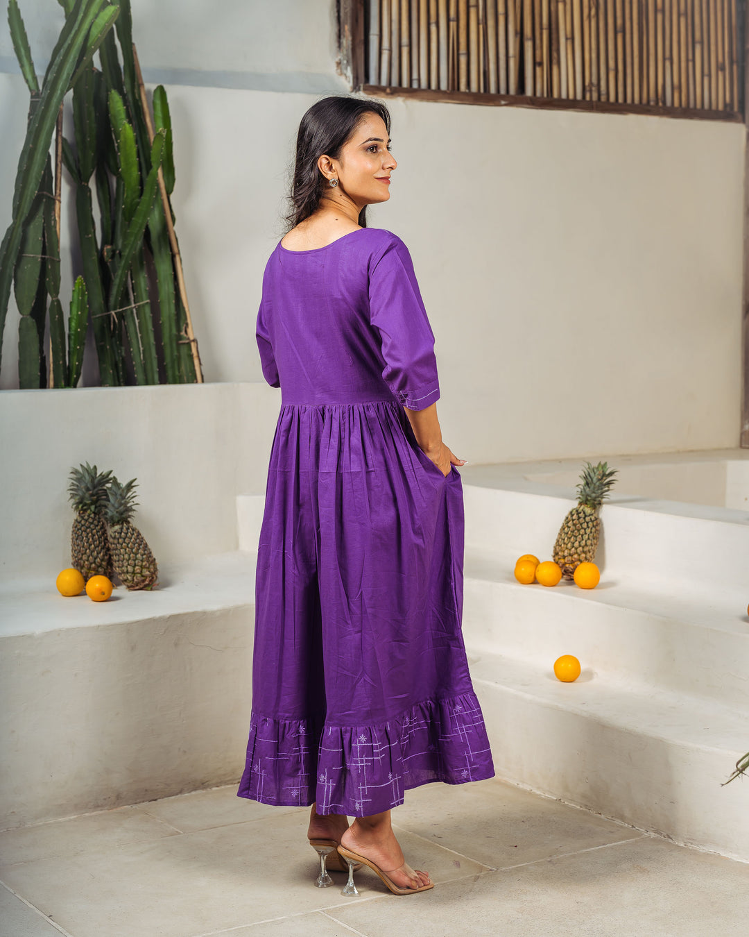 Purple Drift Tiered Cotton Midi Dress with Pockets