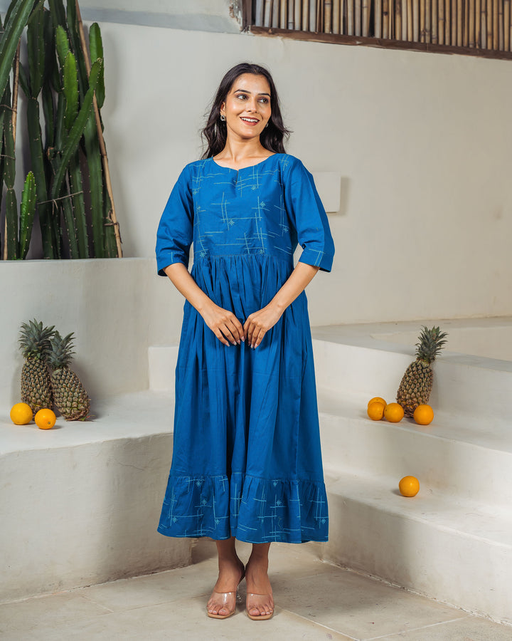 Teal Drift Tiered Cotton Midi Dress with Pockets