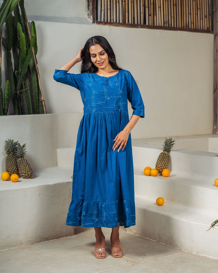 Teal Drift Tiered Cotton Midi Dress with Pockets