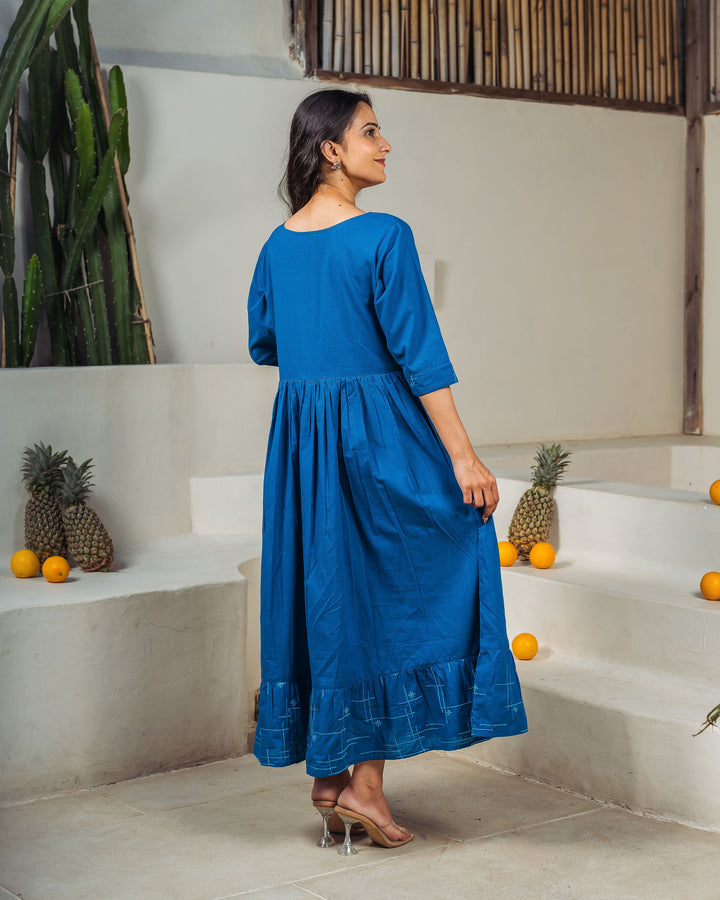 Teal Drift Tiered Cotton Midi Dress with Pockets