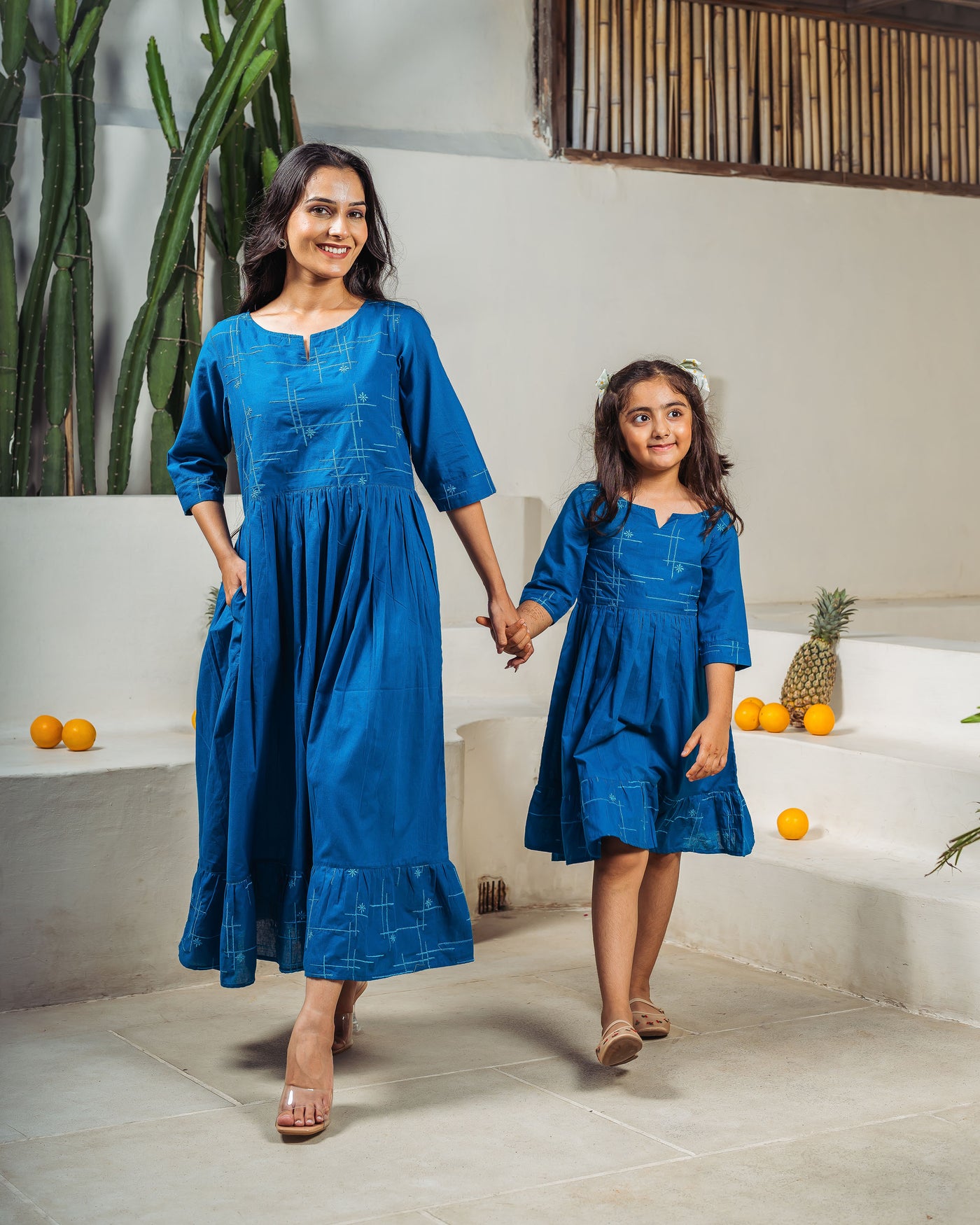 Teal Drift Mom and Daughter Cotton Dresses