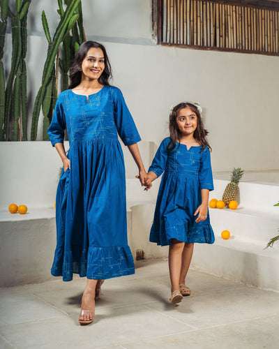 Teal Drift Mom and Daughter Cotton Dresses