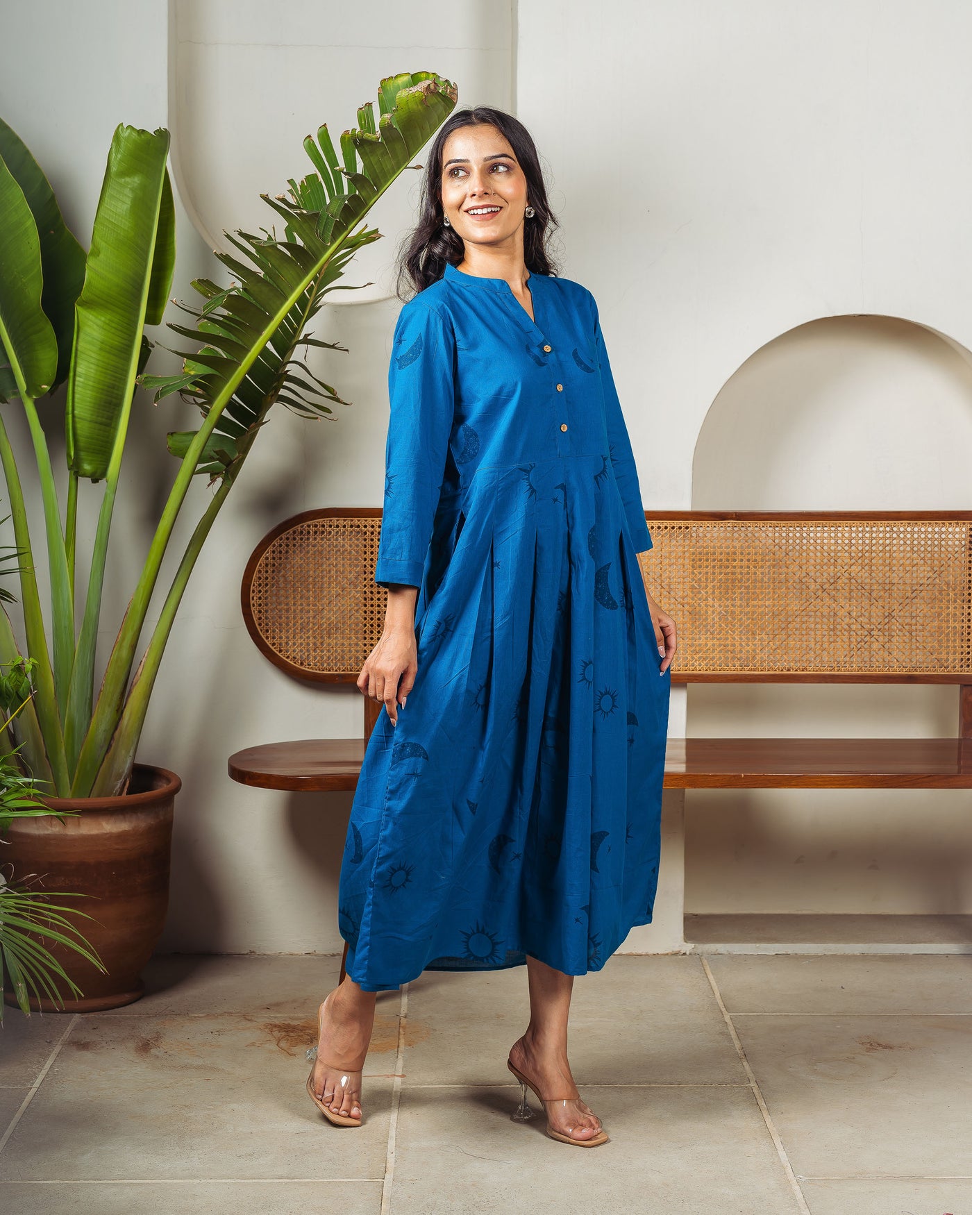 Teal Eclipse Cotton Midi Dress with Pockets