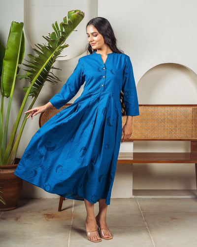 Teal Eclipse Cotton Midi Dress with Pockets