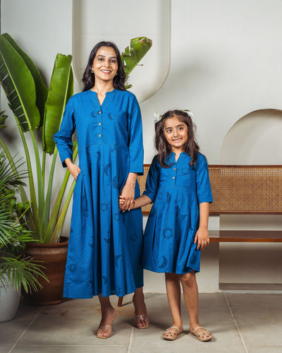 Teal Eclipse Mom and Daughter Cotton Dresses