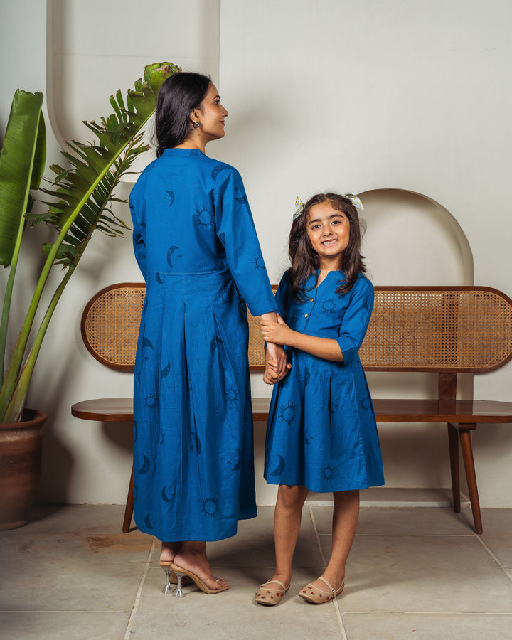 Teal Eclipse Mom and Daughter Cotton Dresses