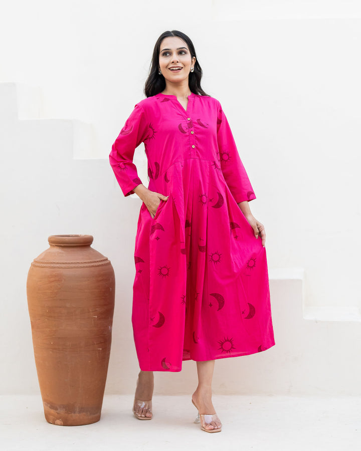 Fuchsia Eclipse Cotton Midi Dress with Pockets