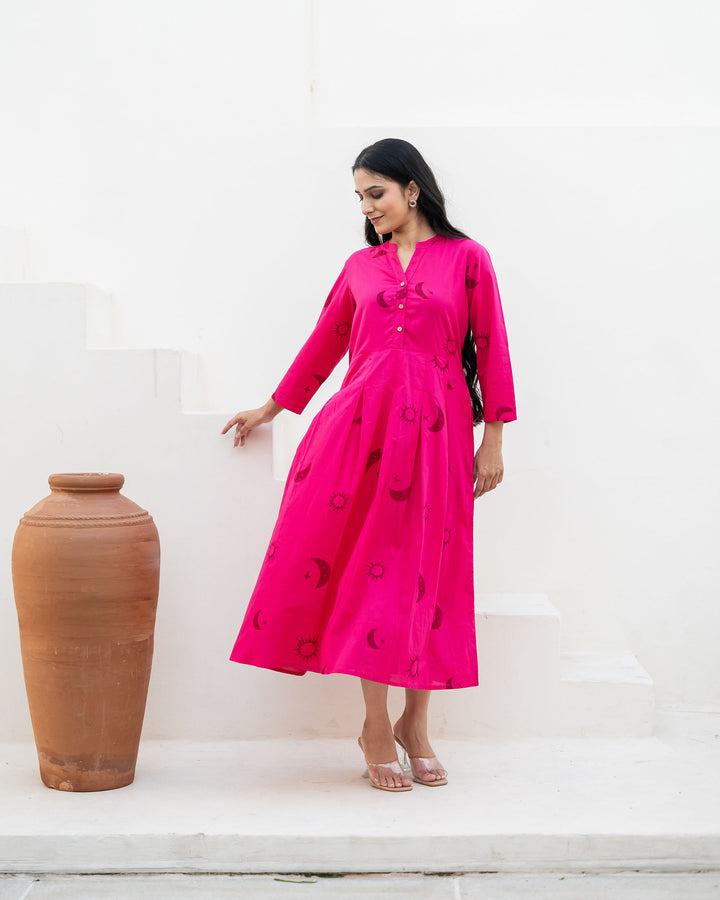 Fuchsia Eclipse Cotton Midi Dress with Pockets