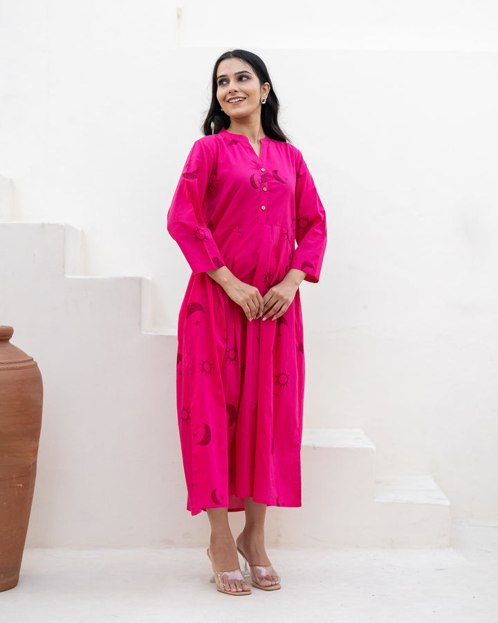 Fuchsia Eclipse Cotton Midi Dress with Pockets