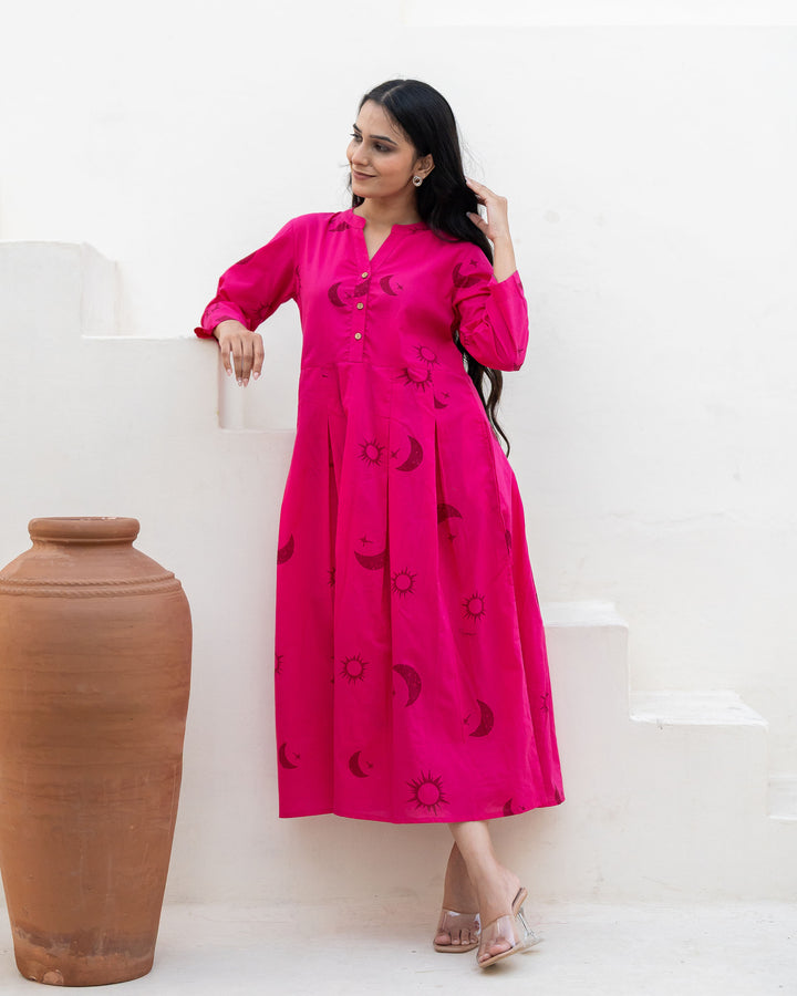 Fuchsia Eclipse Cotton Midi Dress with Pockets