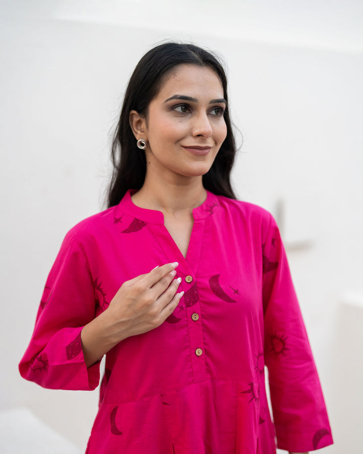 Fuchsia Eclipse Cotton Midi Dress with Pockets