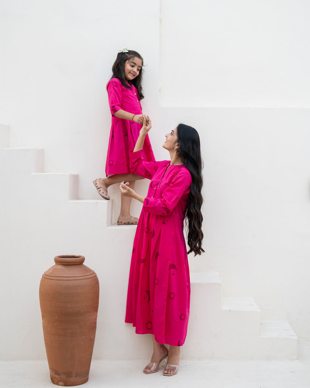Fuchsia Eclipse Mom and Daughter Cotton Dresses