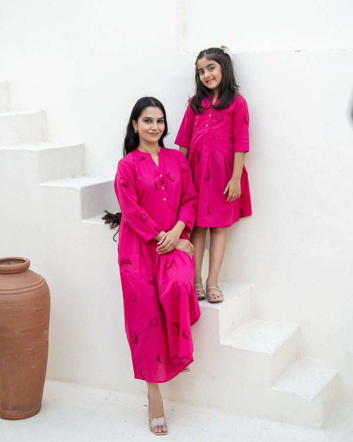 Fuchsia Eclipse Mom and Daughter Cotton Dresses