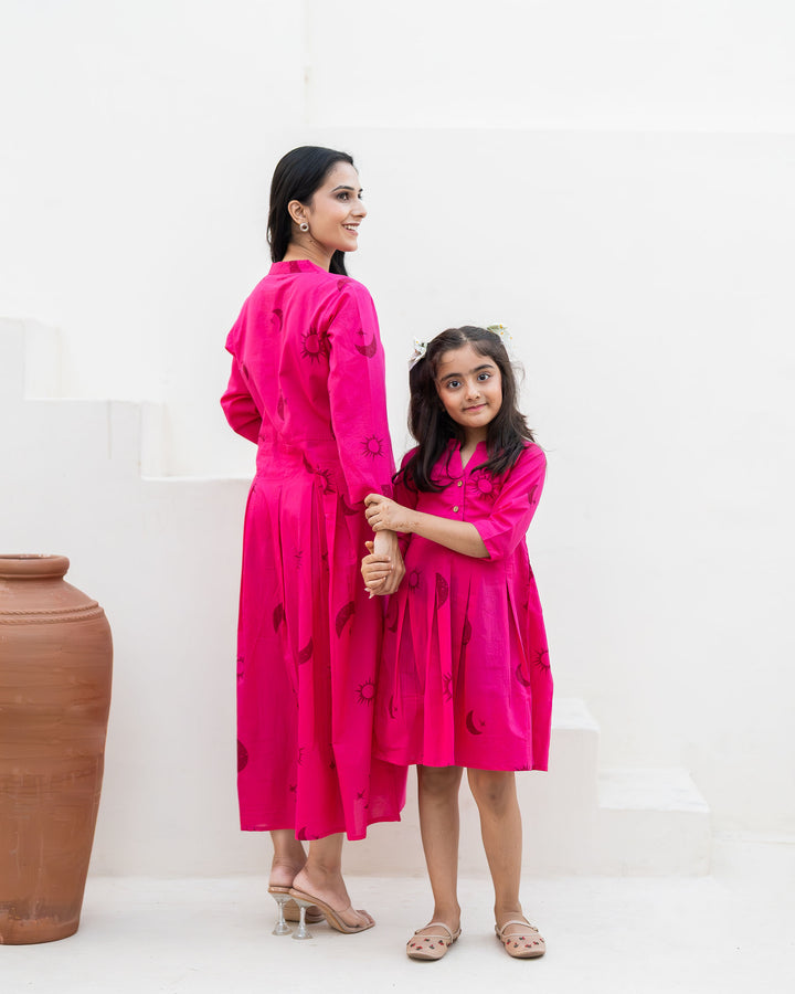 Fuchsia Eclipse Mom and Daughter Cotton Dresses