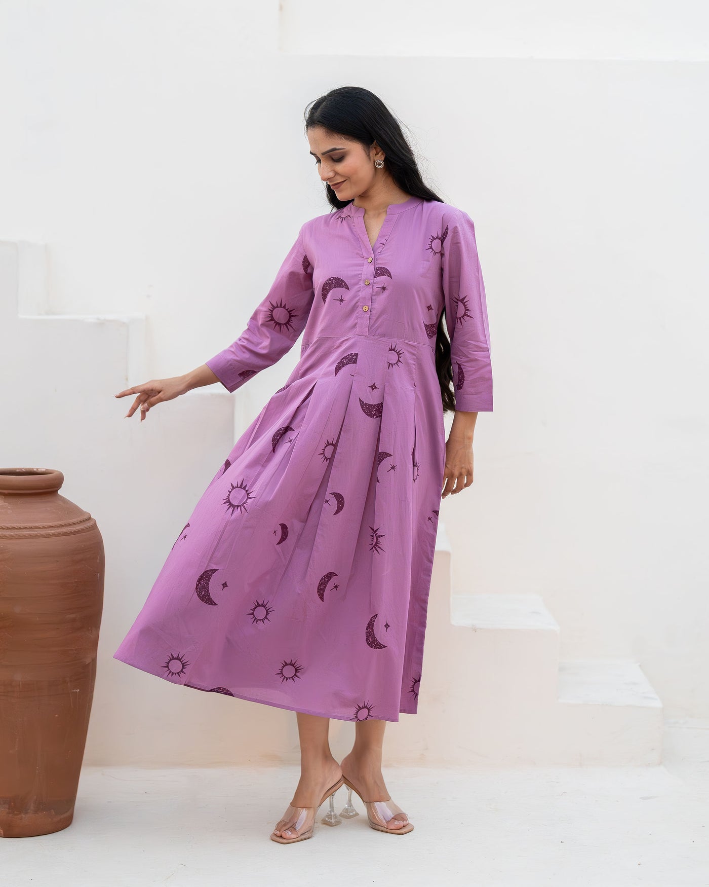 Lilac Eclipse Tiered Cotton Midi Dress with Pockets