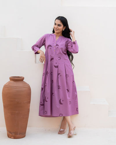 Lilac Eclipse Tiered Cotton Midi Dress with Pockets