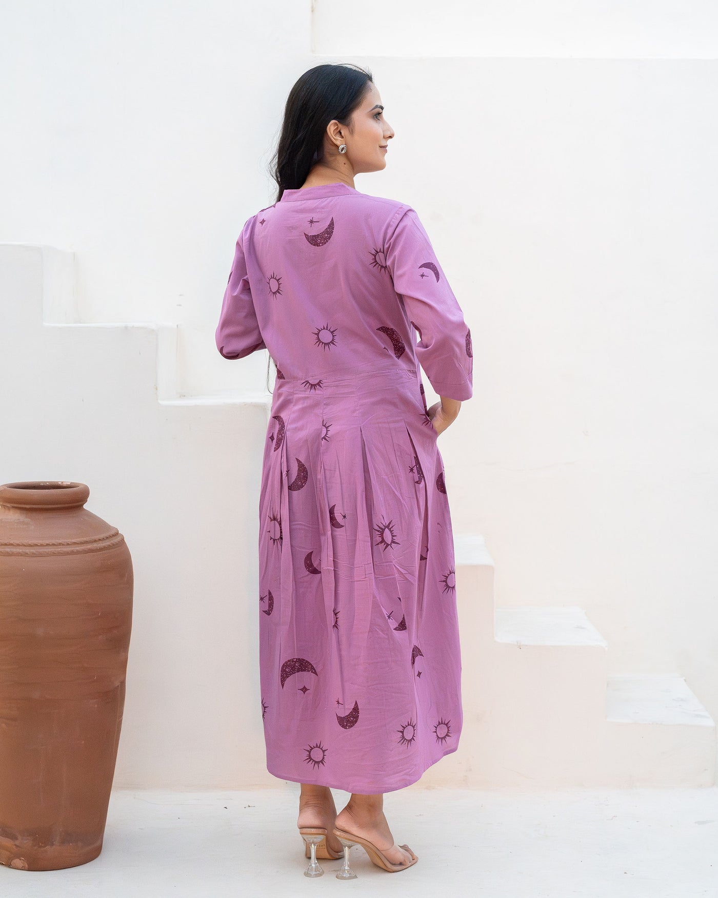 Lilac Eclipse Tiered Cotton Midi Dress with Pockets