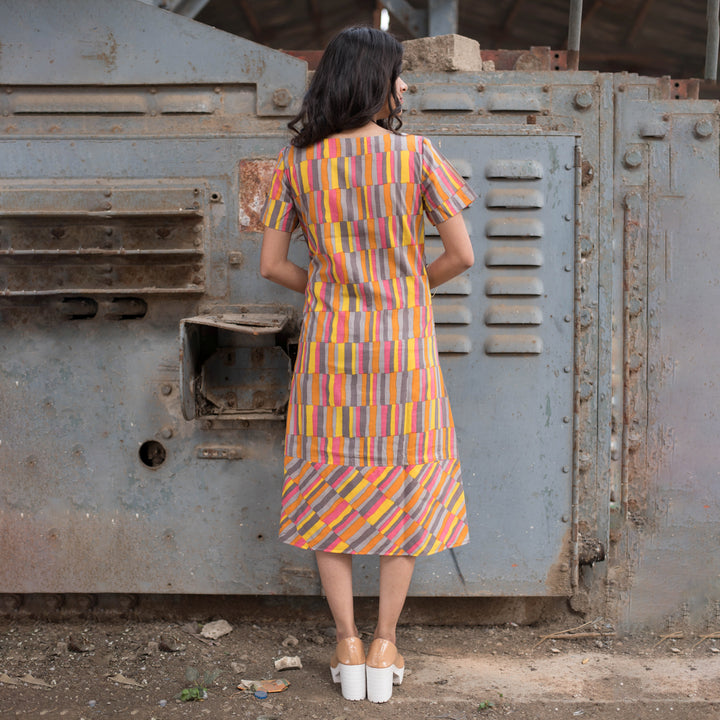 Yellow Ornate Knee Length Cotton Dress