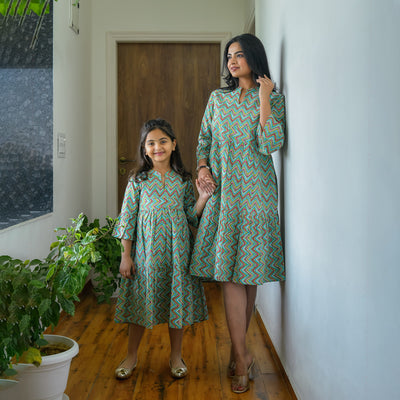 Mint Zigzag Mom and Daughter Cotton Tiered Midi Dresses