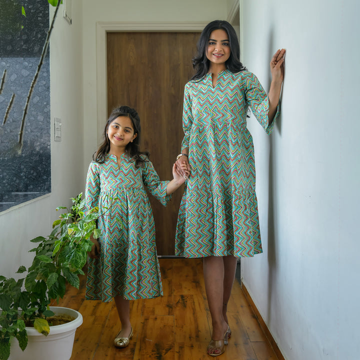 Mint Zigzag Mom and Daughter Cotton Tiered Midi Dresses