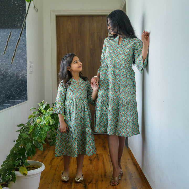 Mint Zigzag Mom and Daughter Cotton Tiered Midi Dresses