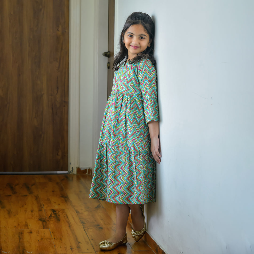 Mint Zigzag Mom and Daughter Cotton Tiered Midi Dresses