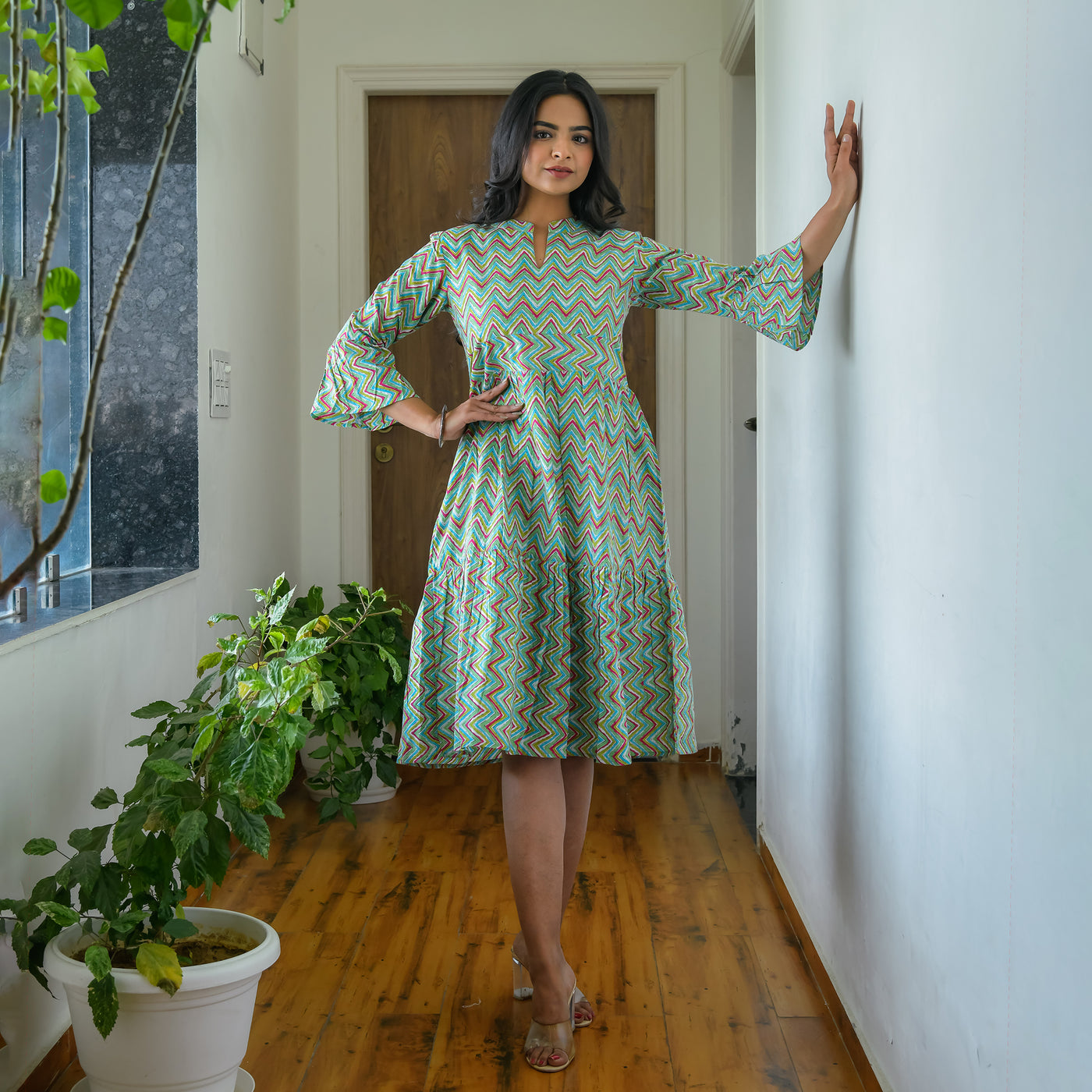 Mint Zigzag Cotton Tiered Midi Dress with Pockets