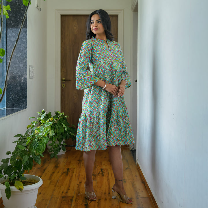 Mint Zigzag Mom and Daughter Cotton Tiered Midi Dresses
