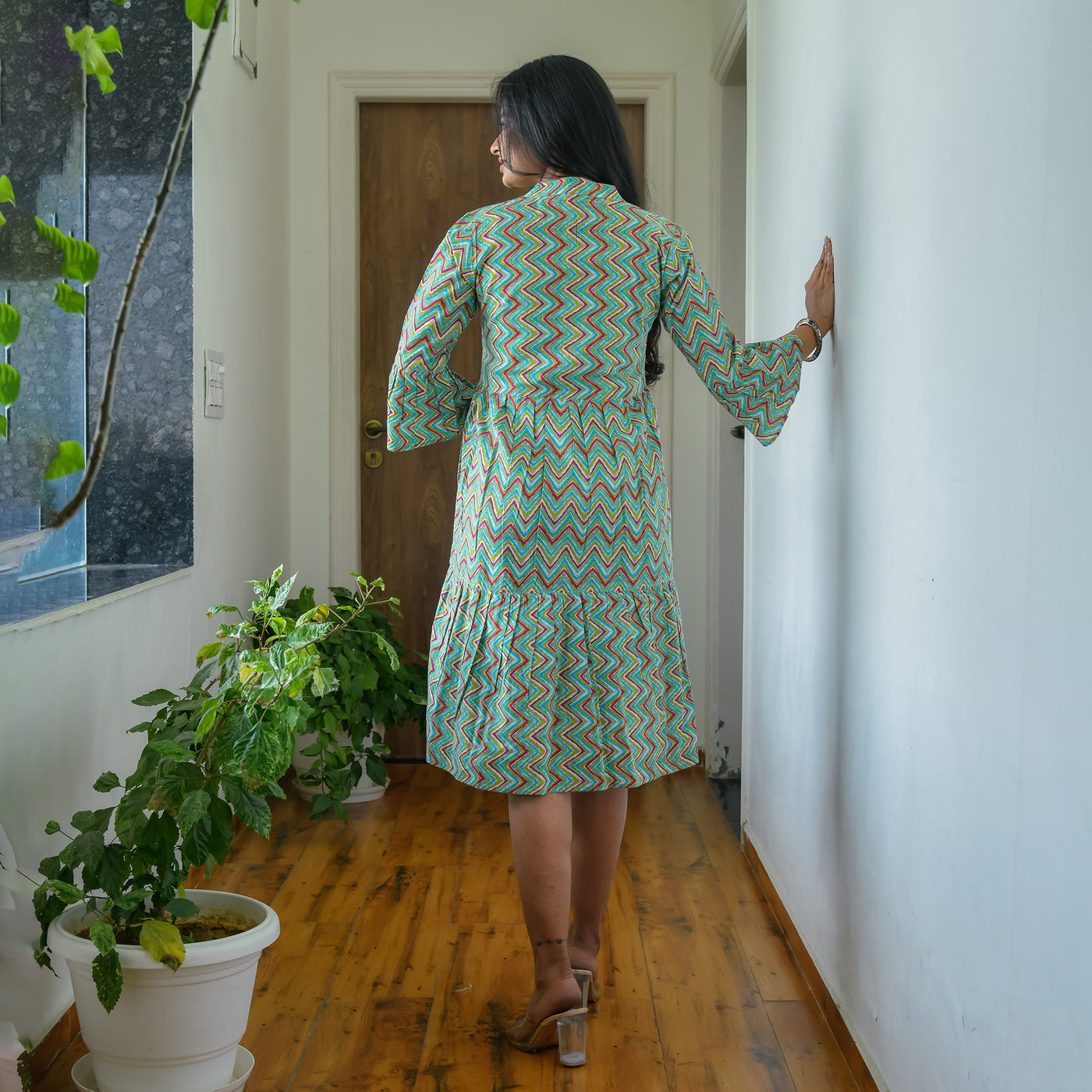 Mint Zigzag Mom and Daughter Cotton Tiered Midi Dresses