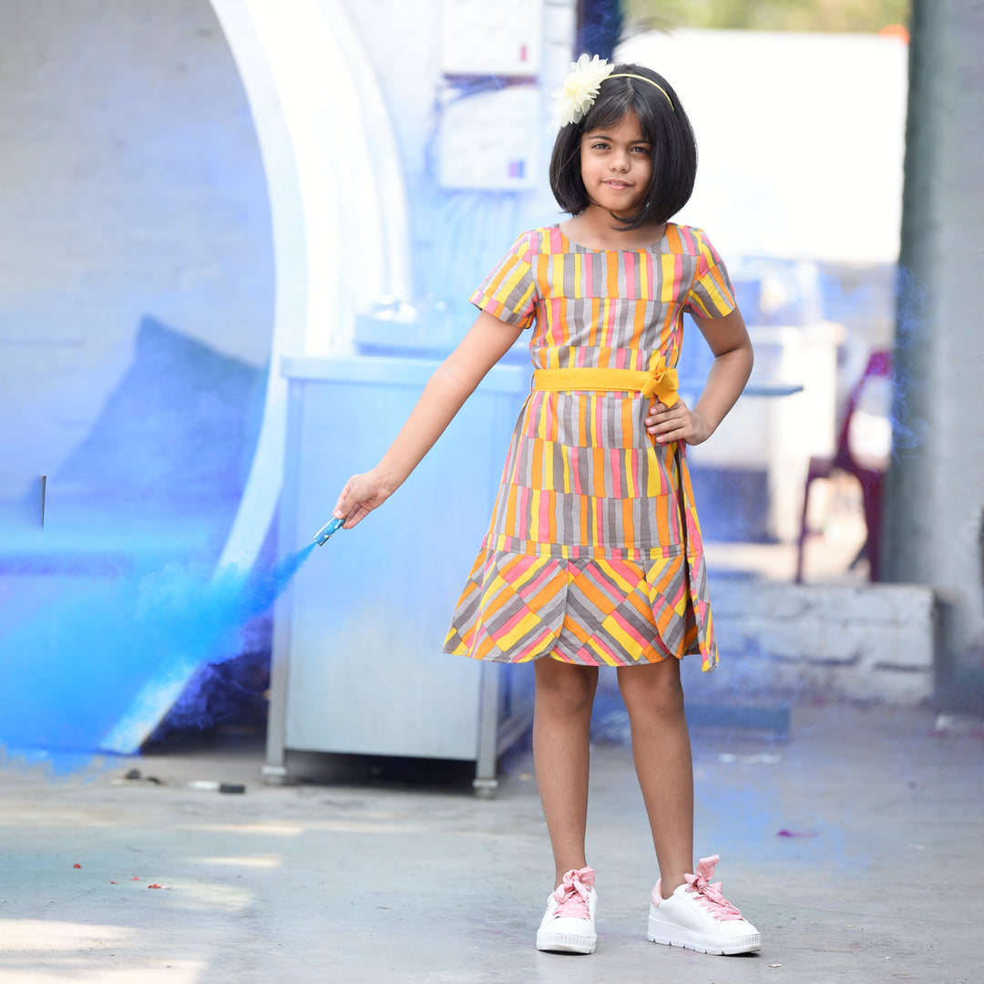 Yelow Ornate Girl's Cotton Dress