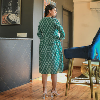 Spring Green Cotton Midi Dress with Side Pockets