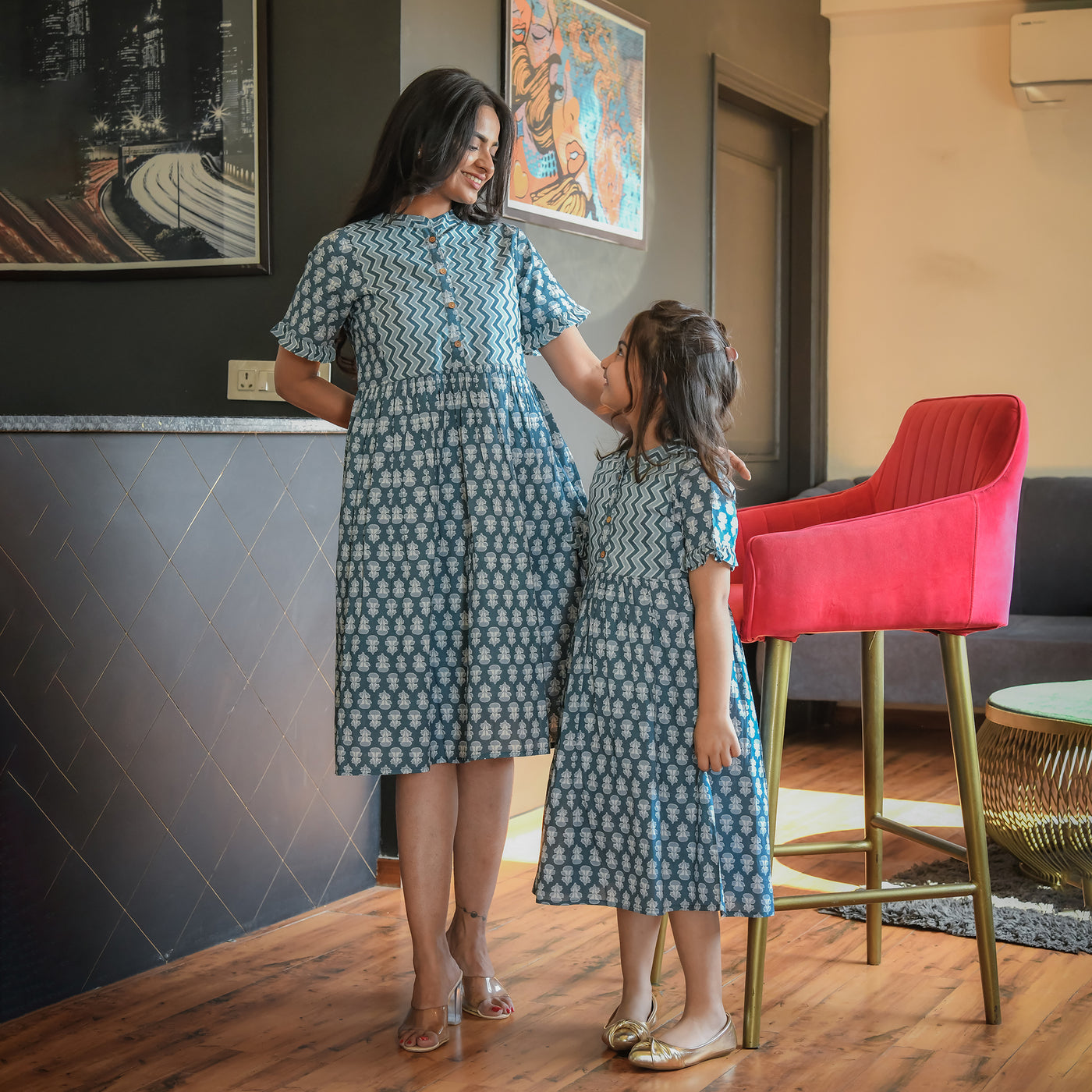'Teal Mist' Mom and Daughter Cotton Midi Dresses