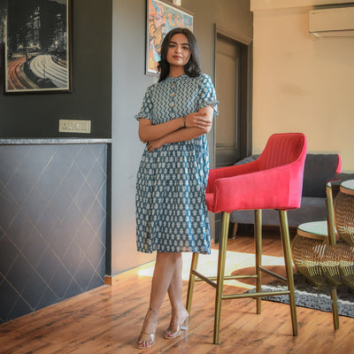 Teal Mist Cotton Midi Dress with Side Pockets