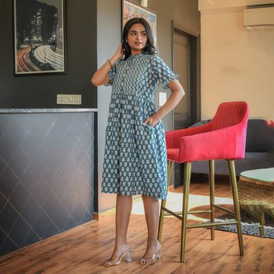 Teal Mist Cotton Midi Dress with Side Pockets