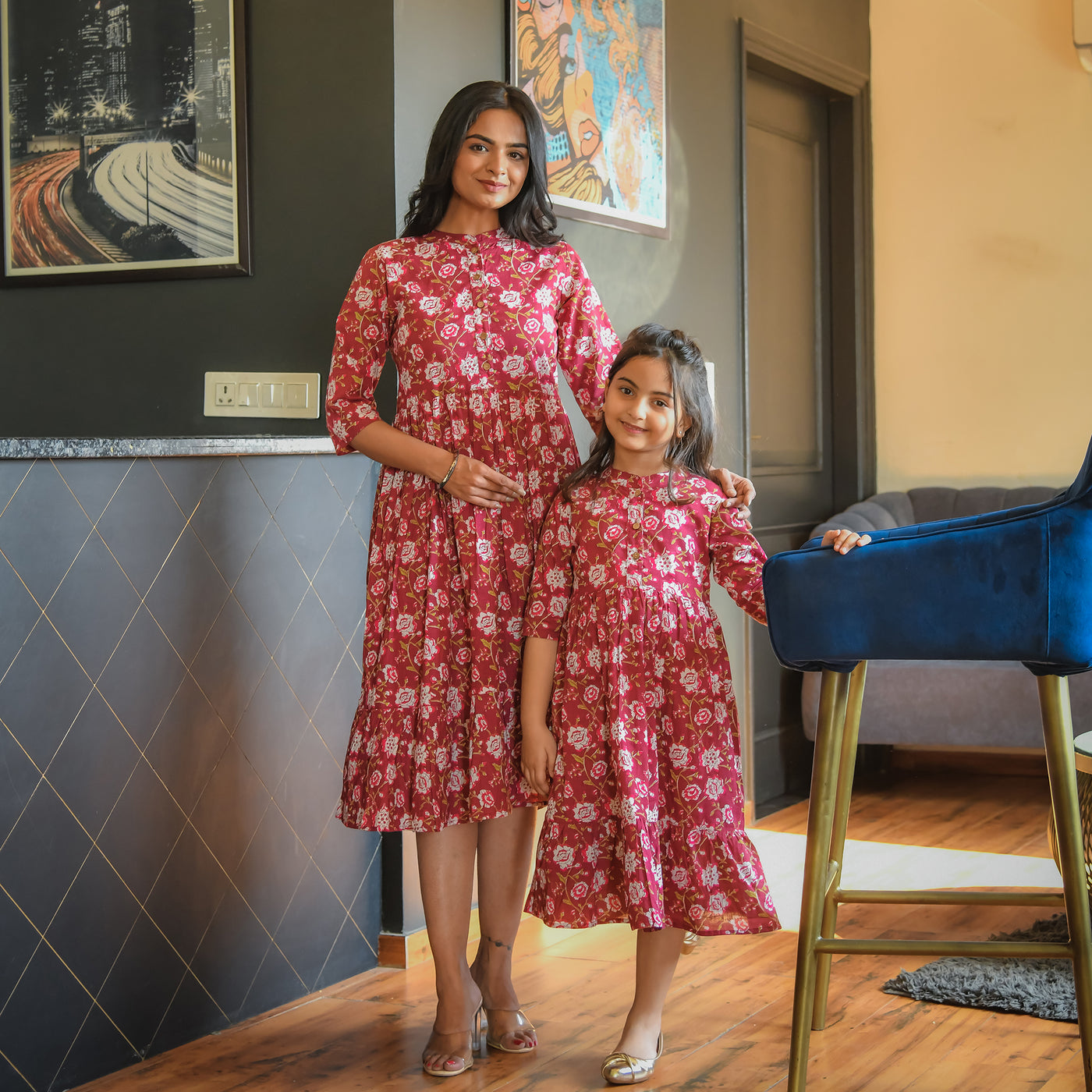 'Maroon Blossom' Mom and Daughter Cotton Tiered Midi Dresses