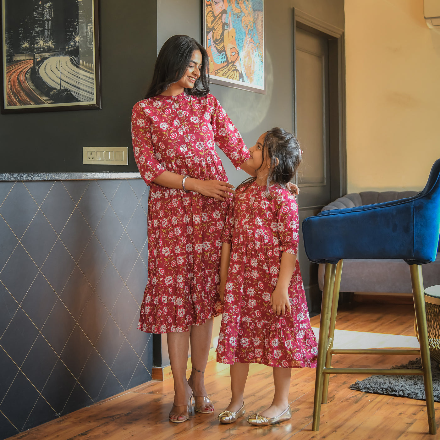 'Maroon Blossom' Mom and Daughter Cotton Tiered Midi Dresses