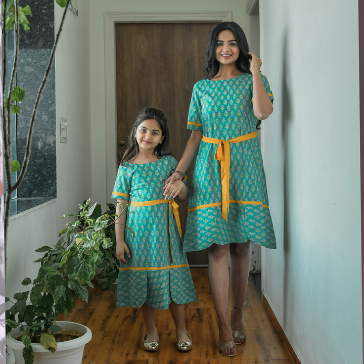 Sea Green Ornate Mom and Daughter Cotton Midi Dresses