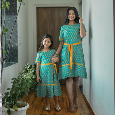 Sea Green Ornate Mom and Daughter Cotton Midi Dresses