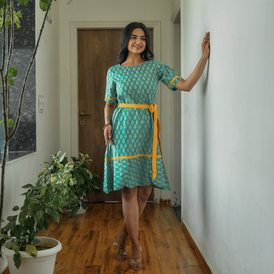 Sea Green Ornate Cotton A-Line Midi Dress