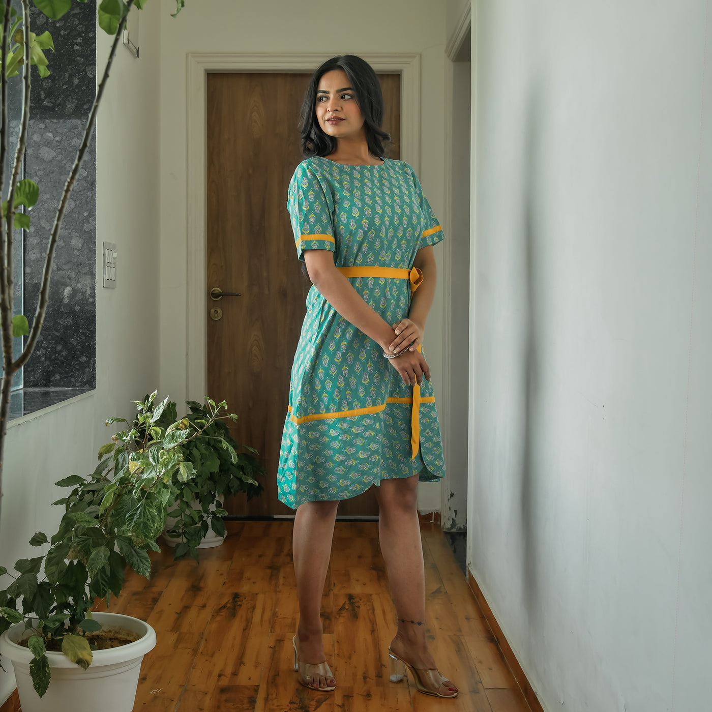 Sea Green Ornate Cotton A-Line Midi Dress