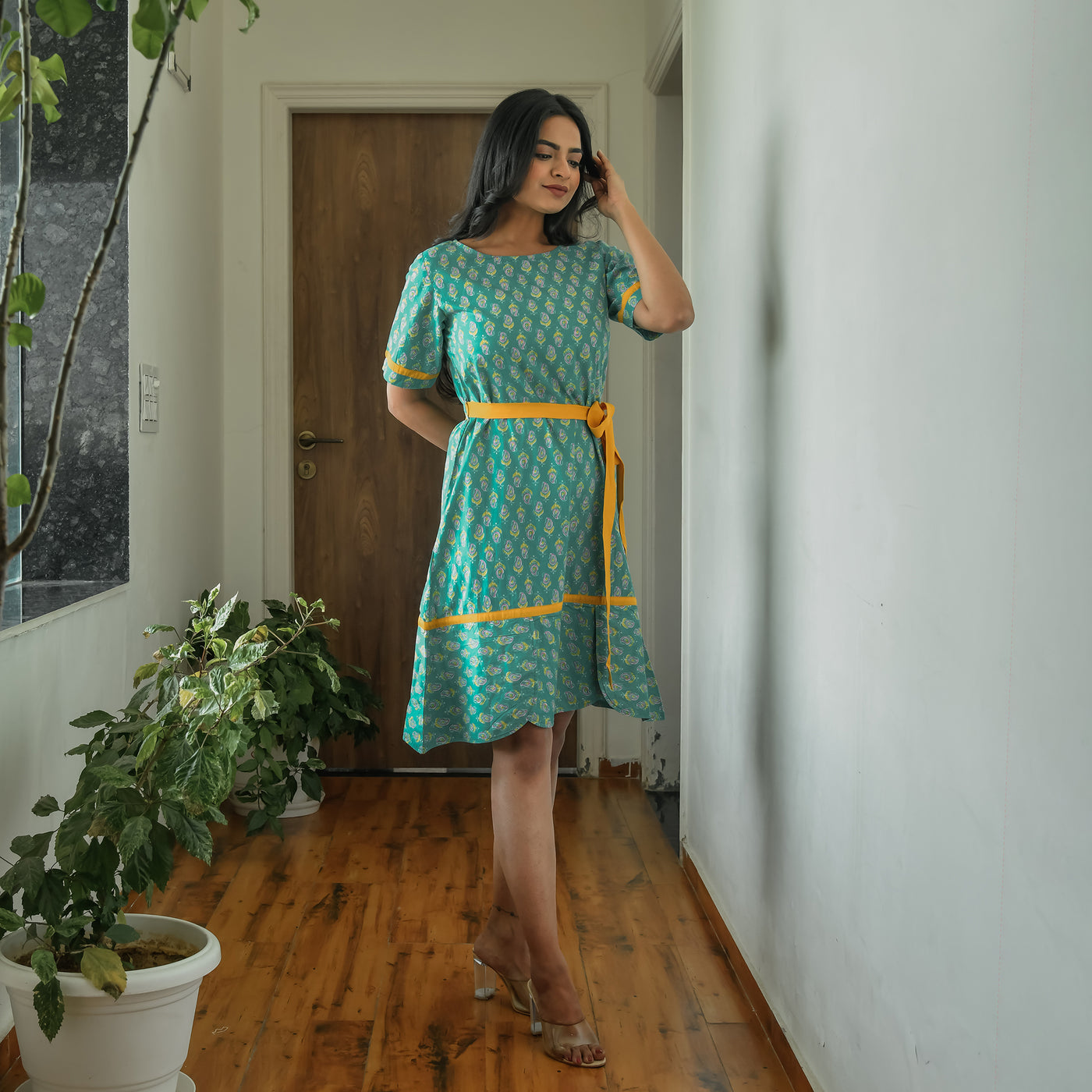 Sea Green Ornate Cotton A-Line Midi Dress