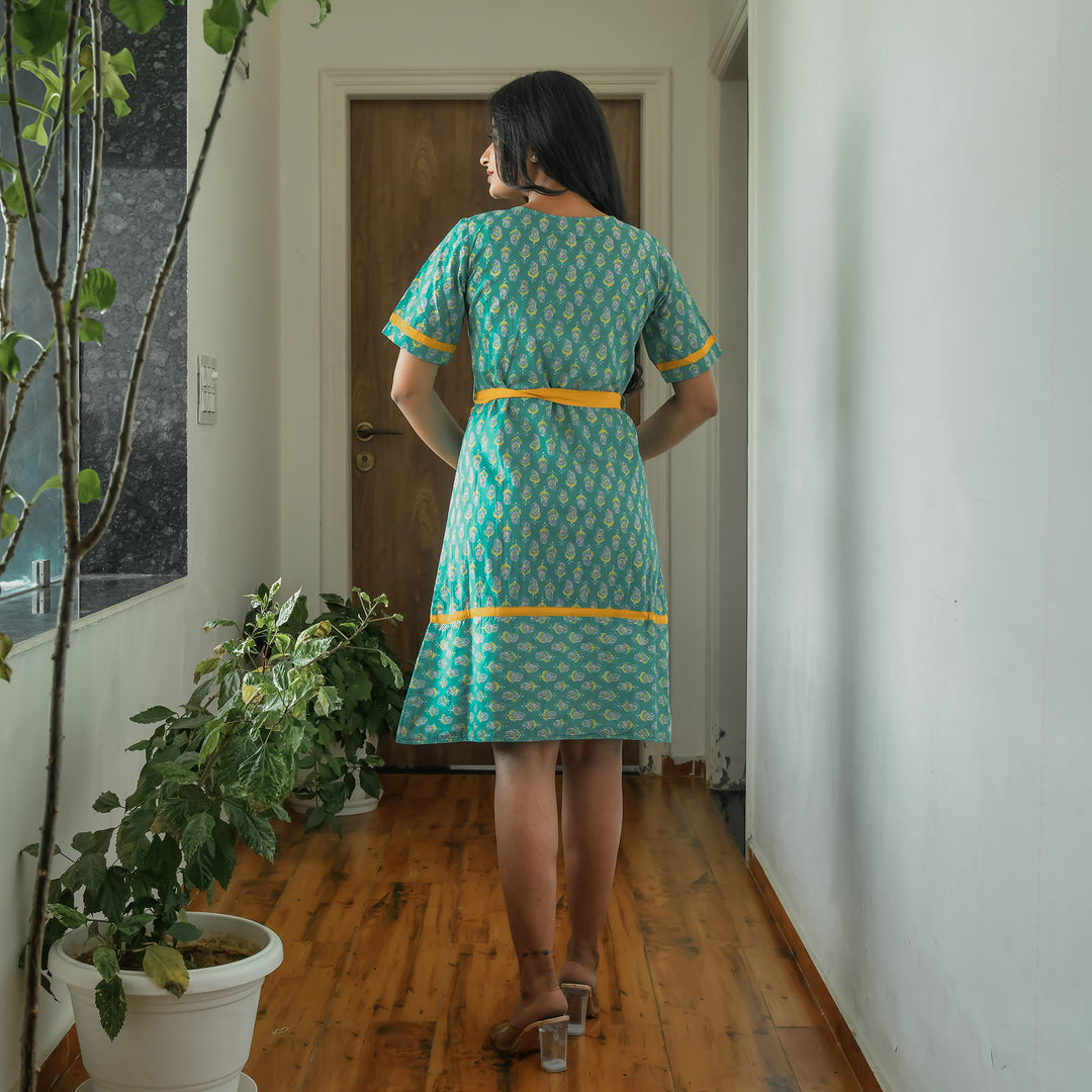 Sea Green Ornate Mom and Daughter Cotton Midi Dresses